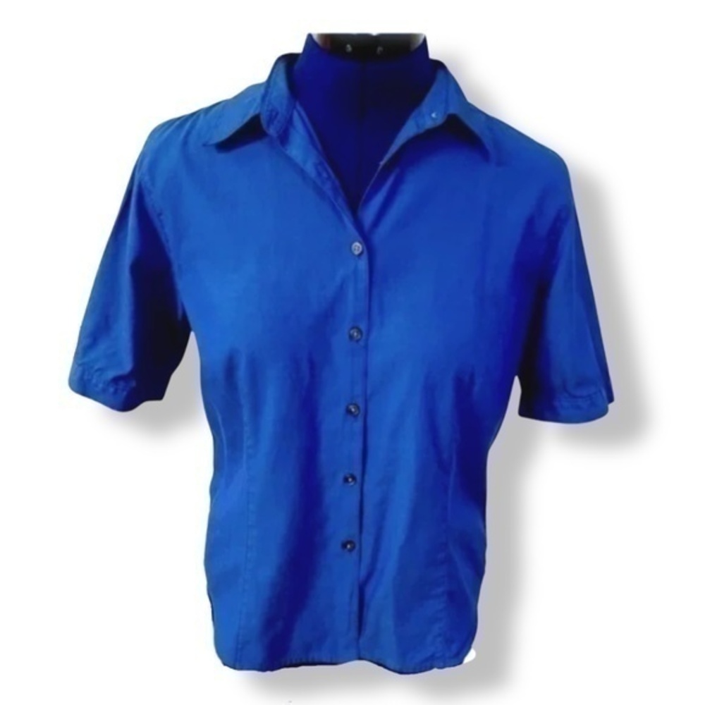 Ann Taylor - Short Sleeve Button Down Shirt - Size 8 - Blue - Modest